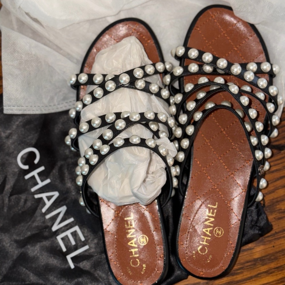 Chanel Black Sandals with Pearl Accents